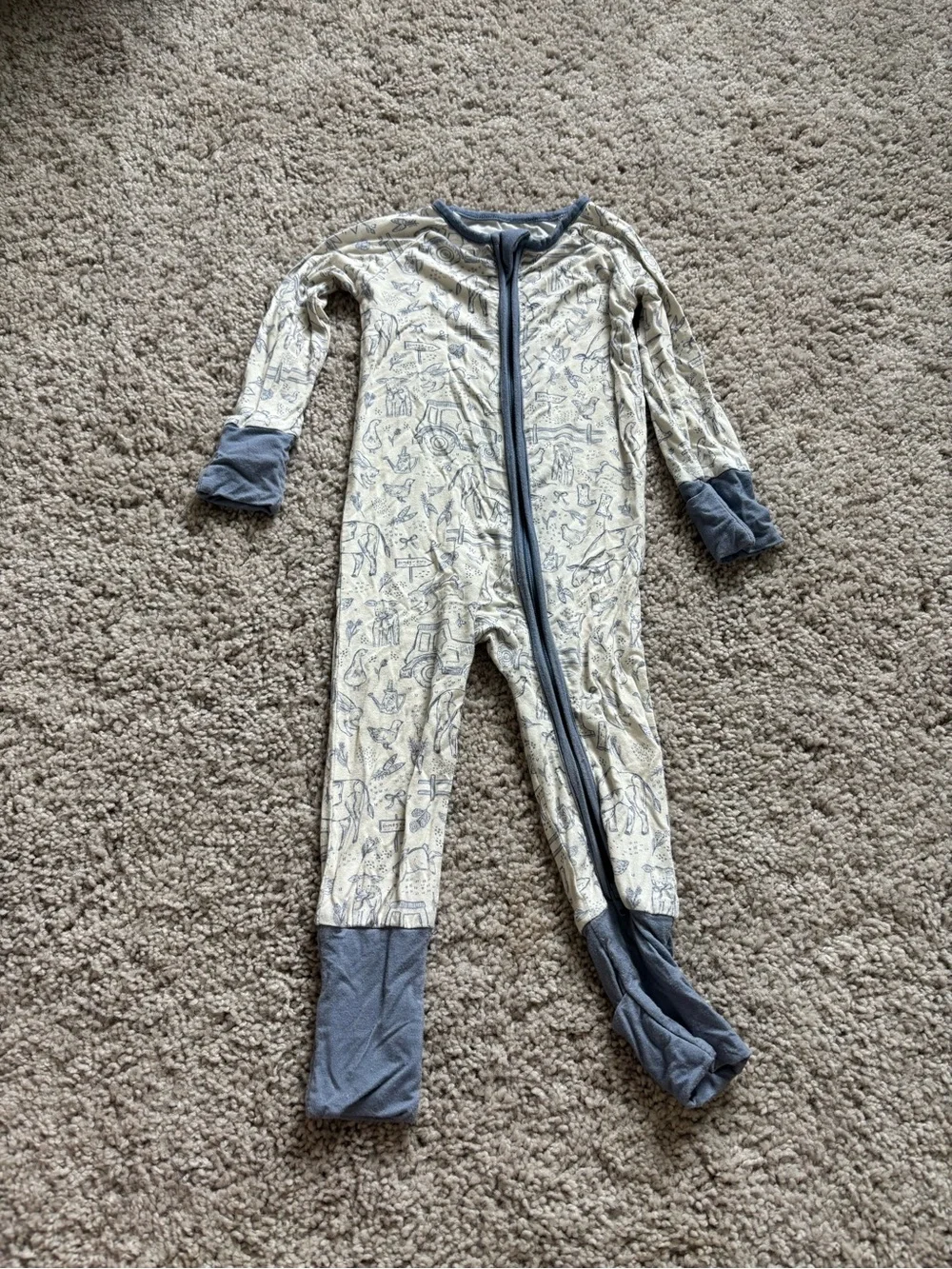 Cozy Cream & Gray Animal-Print Kids Footie Pajamas with Gray Trim